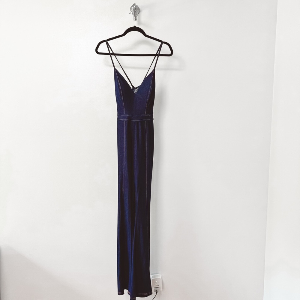 Entry Spring Chic Tie Back‎ Faux Denim Flare Leg Stretch Jumpsuit Blue Medium